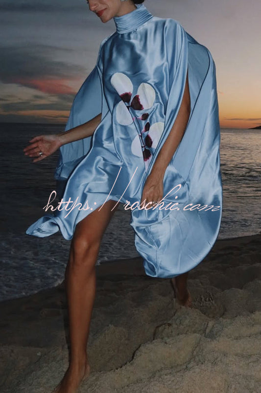Luisa Satin Floral Print Pleated High-neck Batwing Cutout Sleeve Loose Cape Mini Dress