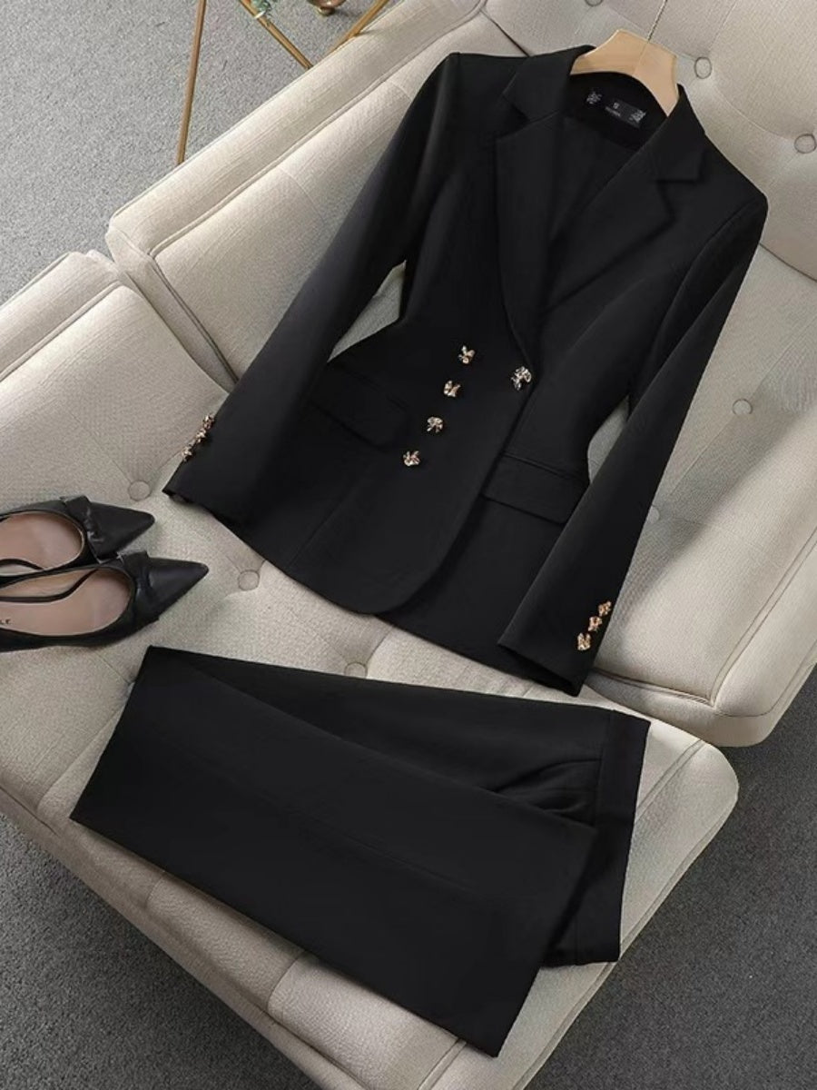 Solid Color Gold Button Decoration Blazers Trousers 2-piece Sets
