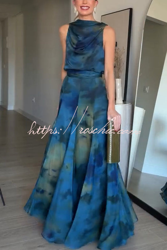 Ione Chiffon Ombr¨¦ Print Cowl Neck Top and High Rise Maxi Skirt Set with Scarf