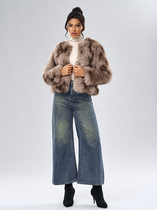 Faux Fur Coats Long Sleeves Casual Faux Fur Jacket Jewel Neck White Women Coat
