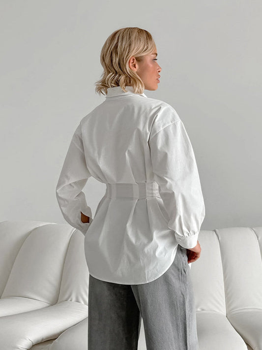 French Chic Long Sleeve Waist-Tied Blouse