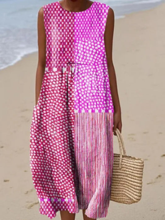 Printed Pocket Round Neck Sleeveless Maxi Dresses