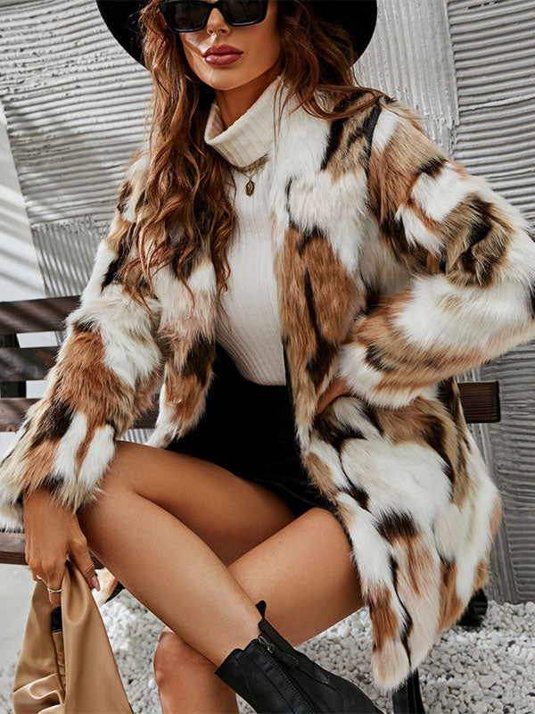 Faux Fur Coats Coffee BrownTwo-Tone Women Eco-friendly Fur Coat