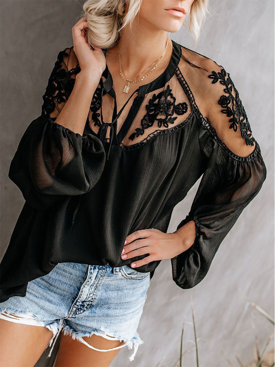 Blouse For Women White Sheer Flowers Embroidered Bohemian Long Sleeves Tops