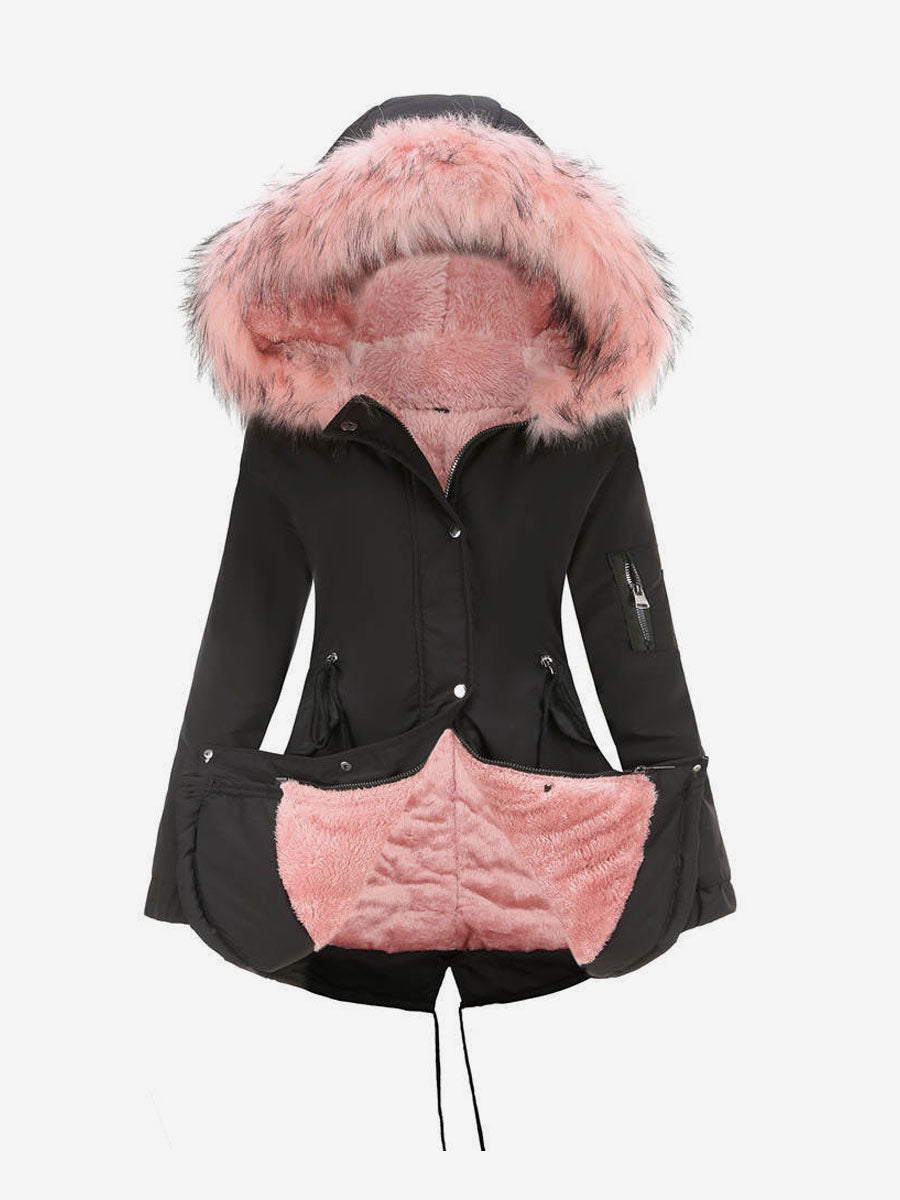 Winter Coats Pink Medium Drawstring Hooded Front Button Long Sleeves Two-Tone Casual Winter Coat Outerwear