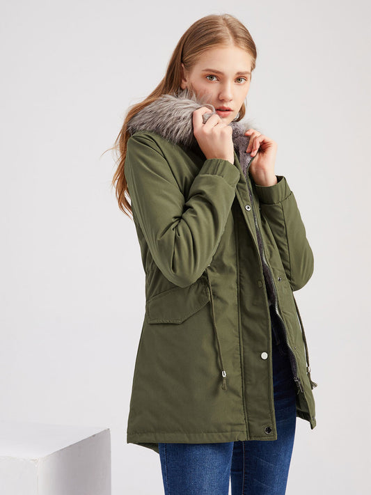 Winter Coats Pink Medium Drawstring Hooded Front Button Long Sleeves Two-Tone Casual Winter Coat Outerwear