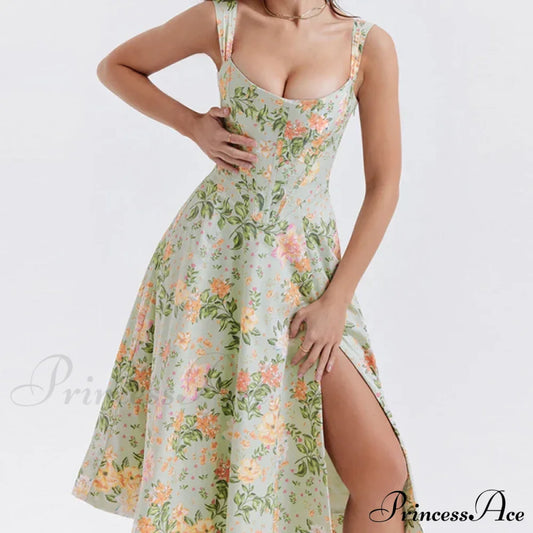 Slip Spring and Summer Thin Ribbon Split Long es for Women Floral Dress