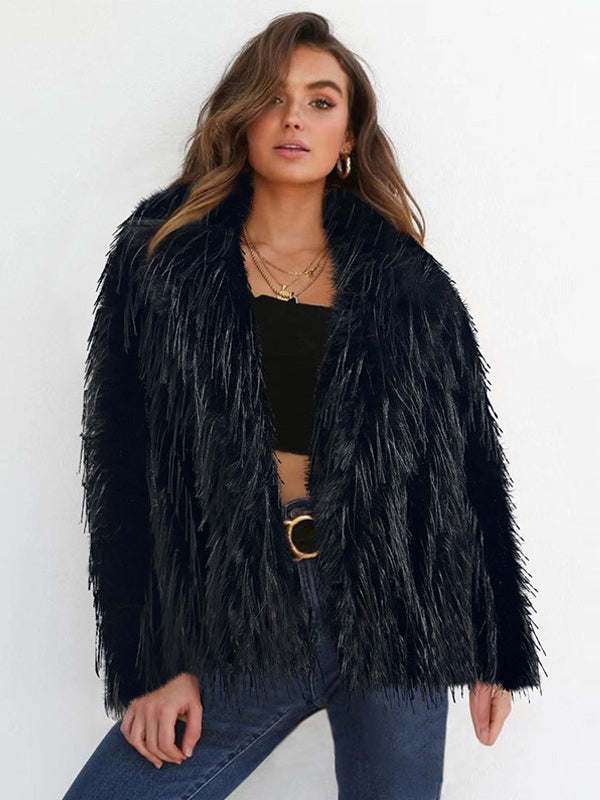 Fringed Faux Fur Coats Notched Lapel Eco-friendly Winter Jacket For Women 2026