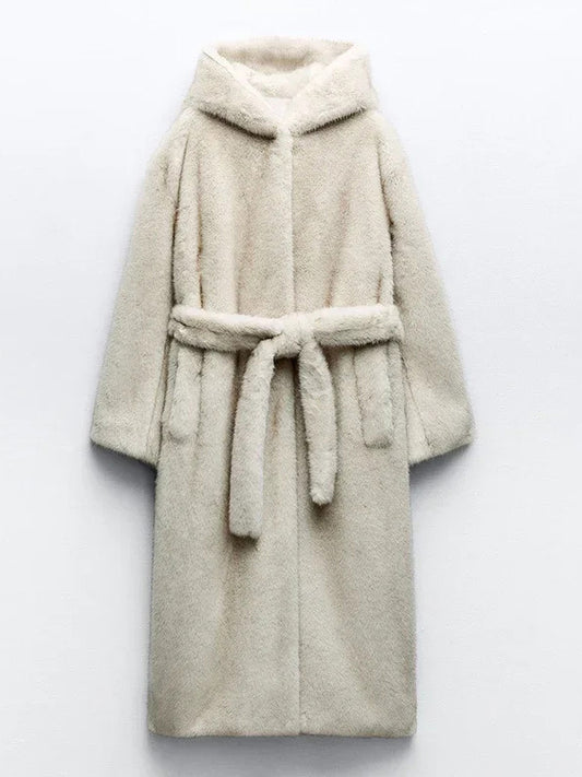 Faux Fur Long Coat With Hood Light Apricot Oversized Winter Outerwear For Women 2026