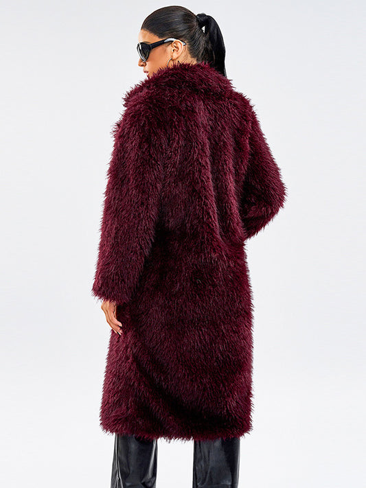 Faux Fur Coats In Burgundy Notched Lapel Winter Long Jacket For Women 2026