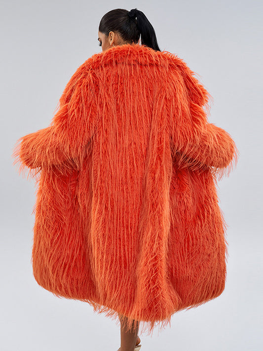 Faux Fur Coats Orange No Waistline Long Sleeves Faux Fur Coat Oversized Women Coat