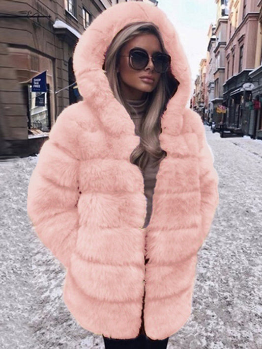Faux Fur Coat With Hood Casual Winter Midi Jacket For Women 2026