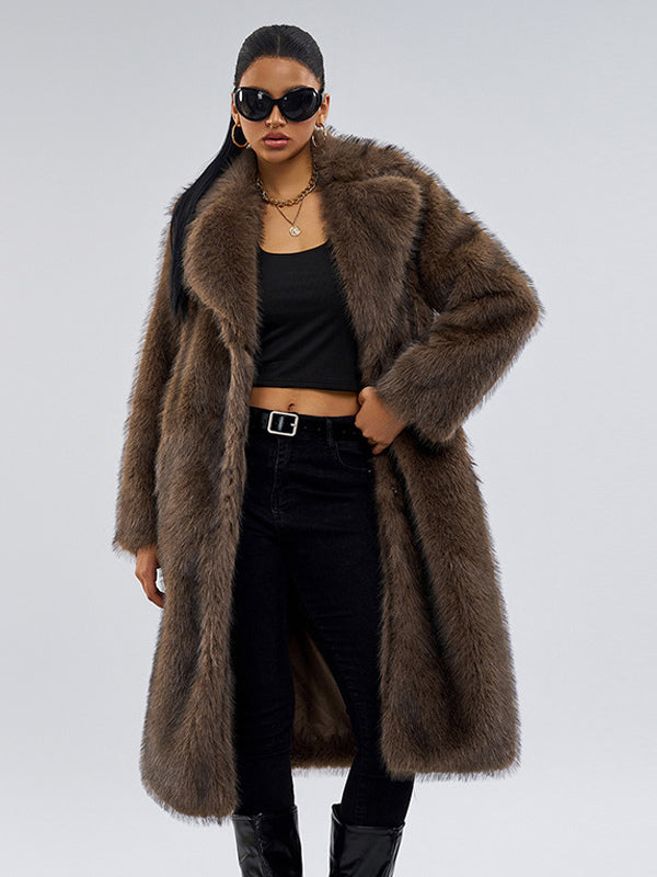 Faux Fur Coats In Deep Brown Notched Lapel Oversized Winter Long Jacket For Women 2026