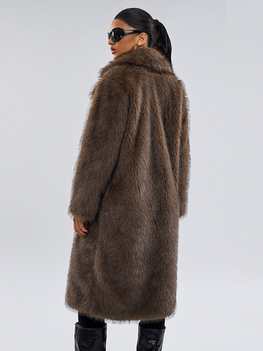 Faux Fur Coats In Deep Brown Notched Lapel Oversized Winter Long Jacket For Women 2026