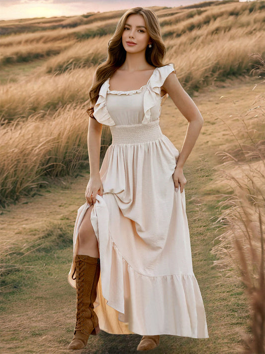 Smocked Waist Maxi Boho Dress for Women - Flutter Sleeve Square Neck Tiered Ruffle Flowy Gown - Summer Beach Sundress 2026