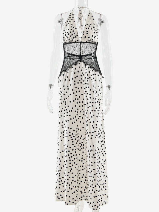 Vintage Polka Dot Halter Deep V Neck Lace Patchwork Maxi Dress For Women 2026