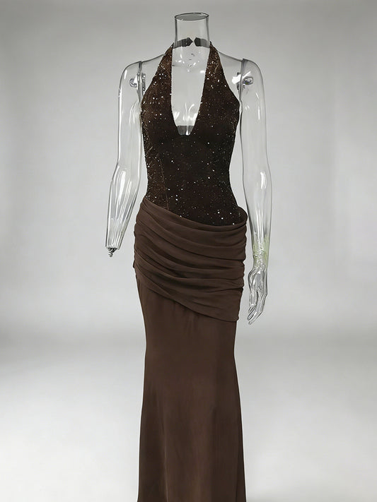 Sequined Halter Neck Mermaid Evening Gown With Ruched Waist Detail For Women 2026