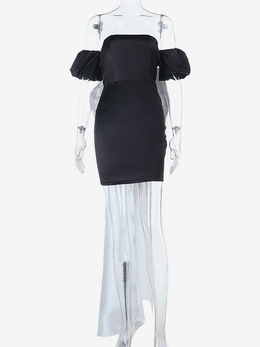 Black Bodycon Women's Mini Dress - Off Shoulder White Bow Back With Train - Sexy Strapless Summer Birthday Party Gown 2026