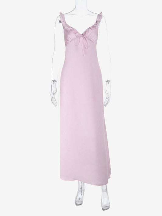Baby Pink Women Maxi Dress - Elegant Ruffle V-Neck Tie Front Slip - Coquette Aesthetic Summer Vacation Beach Dress 2026