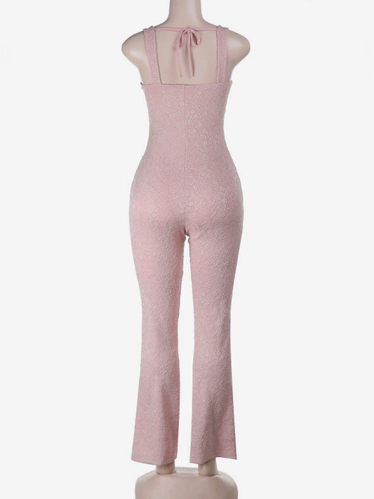 Pink Fairycore Lace Jumpsuit For Women - Tie Front Flare Leg Romper - Summer Romantic Date Night Party Wear 2026