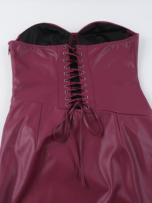 Faux Leather Corset Dress For Women - Wine Red Gothic Lace Up Back Ruched Long Dress - Summer Club Night Outfits 2026
