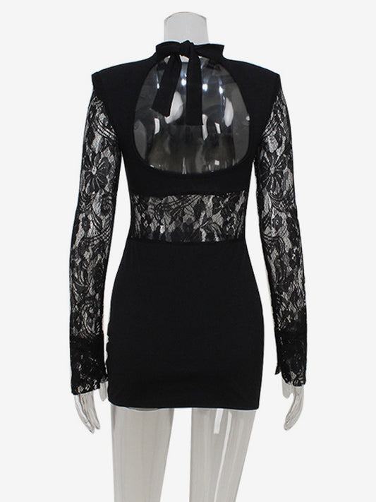 Sheer Lace Patchwork Mini Dress For Women - Bodycon High Neck Padded Shoulder Gown - Spring Night Out Party Clubwear 2026