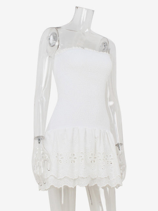 Eyelet Lace Mini Dress For Women - White Smocked Strapless Ruffle Tube Sundress - Summer Beach Vacation 2026