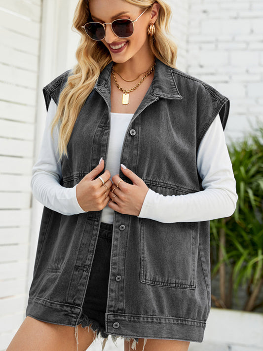 Oversized Denim Vest For Women - Vintage Long Distressed Sleeveless Jean Jacket Coat - Spring Summer Streetwear 2026