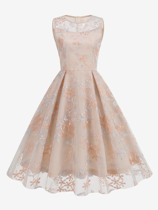 Vintage 1950s Floral Midi Dress For Women - Embroidery Mesh Illusion Neck A-Line Swing Prom Dress - Summer Cocktail 2026