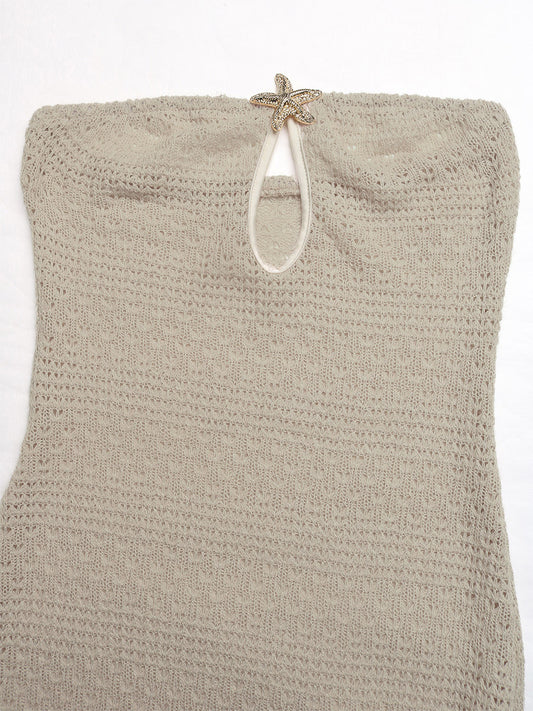 Women's Beige Crochet Knit Strapless Maxi Dress With Starfish Detail Keyhole Cutout Side Slit Summer Beach Dress