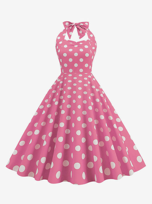 Vintage Chic Pink Polka Dot Halter Midi Dress