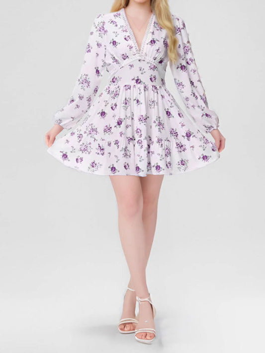 Date Night Dresses Mini Long Sleeves Floral Print V-Neck Elegant White Summer Dress