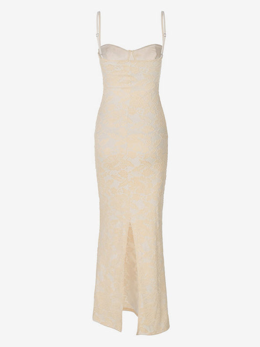 Party Maxi Dresses White Straps Neck Lace Sleeveless Backless Chic Semi Formal Dress