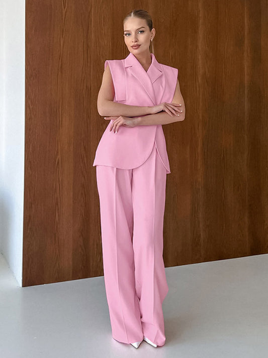 Two Piece Sets Pink Chic Daily Casual Turndown Collar Sleeveless Pant Set