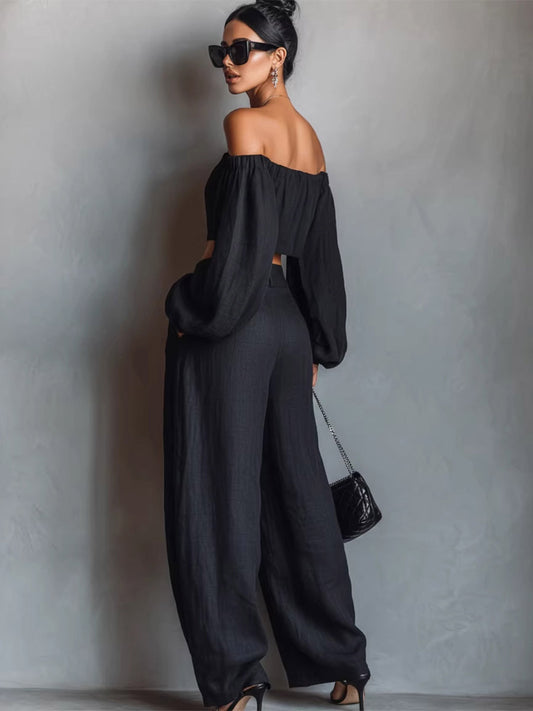 Two Piece Sets Black Strapless Poet Sleeves Long Sleeves Pant Set