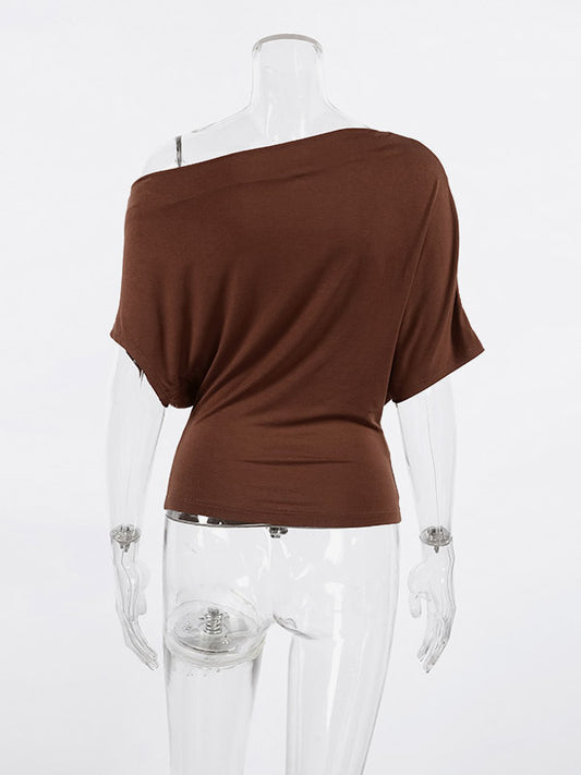 Blouse For Women Brown Cotton Off-The-Shoulder Casual Ruched Short Sleeves Tops