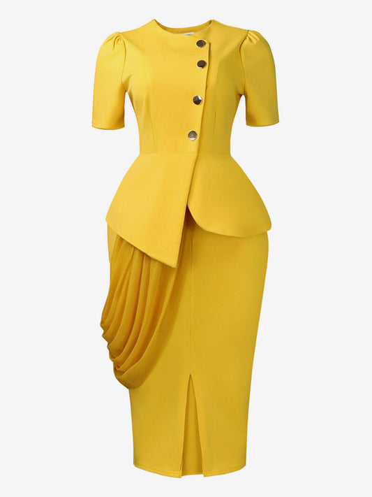 Two Piece Sets Yellow Casual Pleated Street Wear Polyester Jewel Neck Asymmetrical Short Sleeves Skirt Set