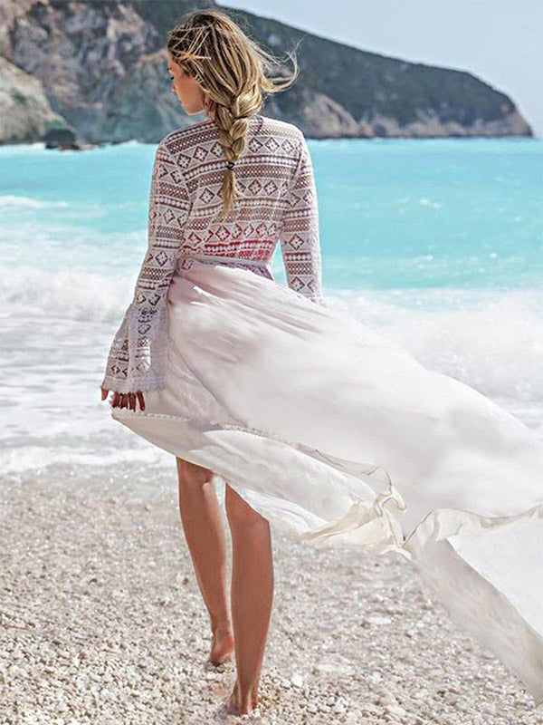 Cover Ups Ruffled Lace Cut Out Long Sleeves Athletic White Summer Beach Swimwear