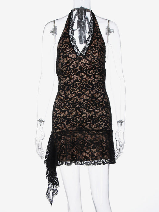 Night Out Dresses Black Lace Halter Deep V Ruffle Mini Dress Bodycon Nightclub Party Outfit