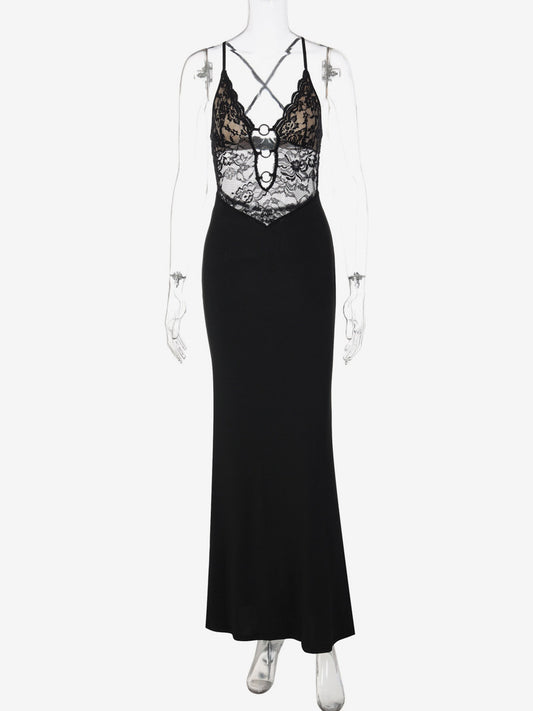 Night Out Dresses Black Criss Cross Back Lace Cutout Maxi Dress Nightclub Evening Gown
