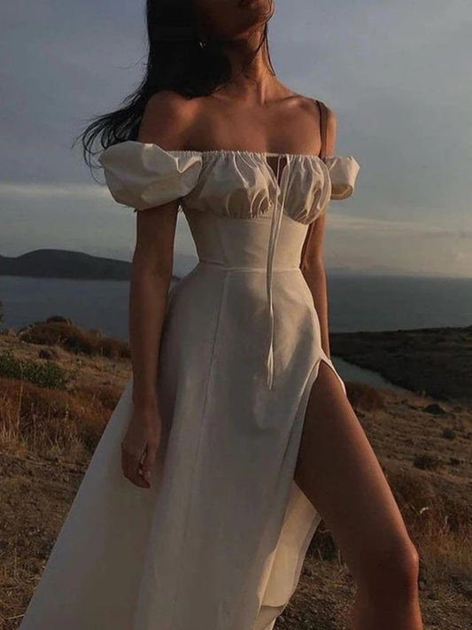 Square Collar Bandage Puff Sleeve Slit Midi Dresses