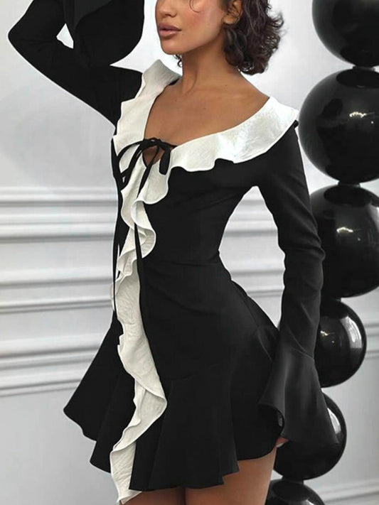 Color-blocked Ruffle Pointed Collar Tie Flare Sleeve Mini&Short Dresses
