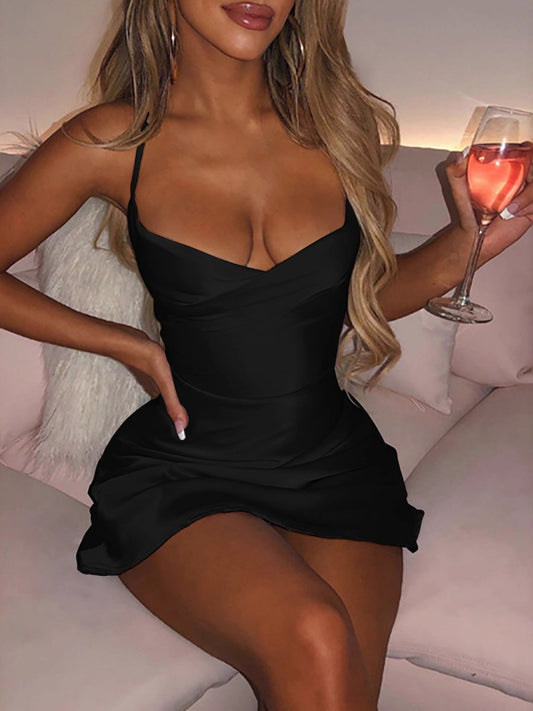 Satin Halter Lace Up Backless Parties Mini&Short Dresses