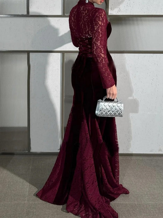 Burgundy Lace Long Sleeve Fishtail Evening Dress Maxi Dresses