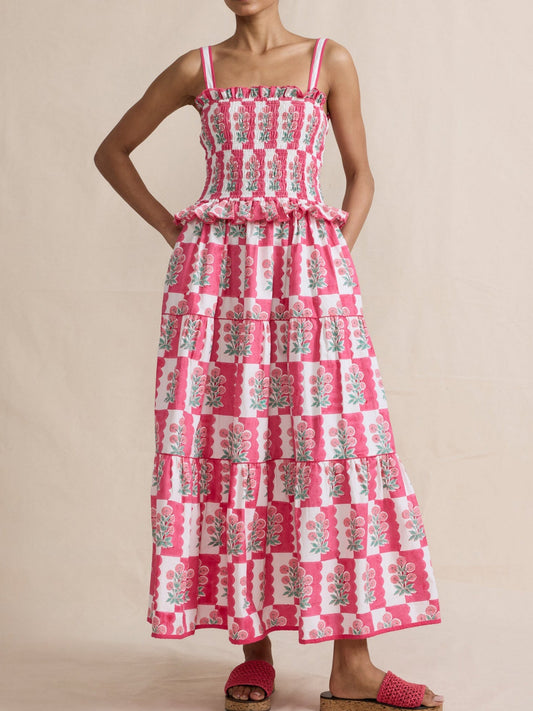 Printed Wavy Edge Spaghetti Strap Long Dress