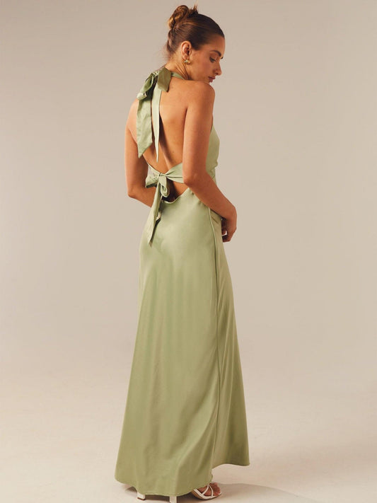Satin V-neck Halter Neck Backless Strappy Maxi Dresses