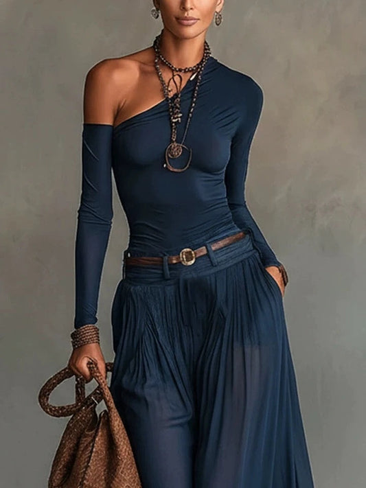 Solid Color, Simple, One-shoulder, Long-sleeved, Casual And Comfortable Two-piece Dress Set With Belt.