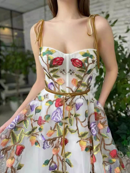 White 3D Flower Embroidery Mesh Off-shoulder Strapless Top Maxi Dresses