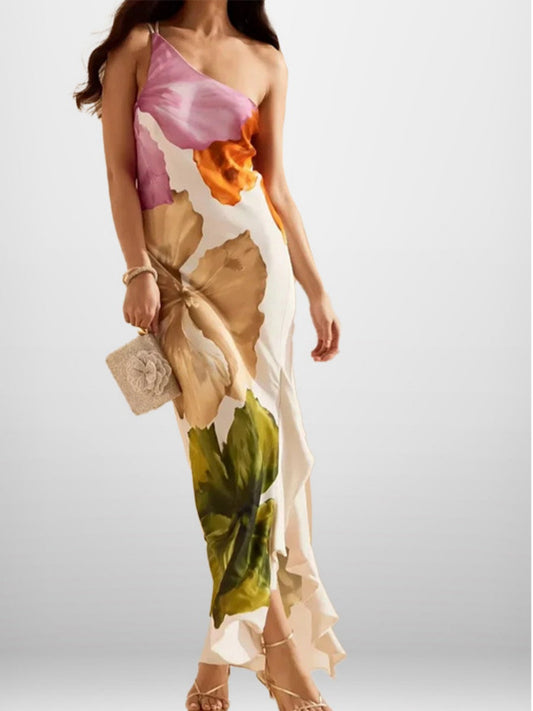 Elegant One-shoulder Halter Long Dress With Large Floral Print