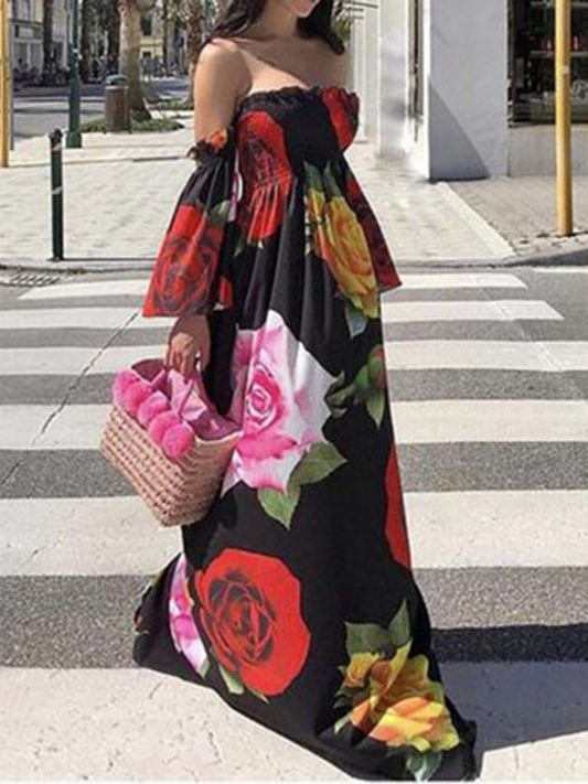 Off-the-shoulder Floral Print Long Dress